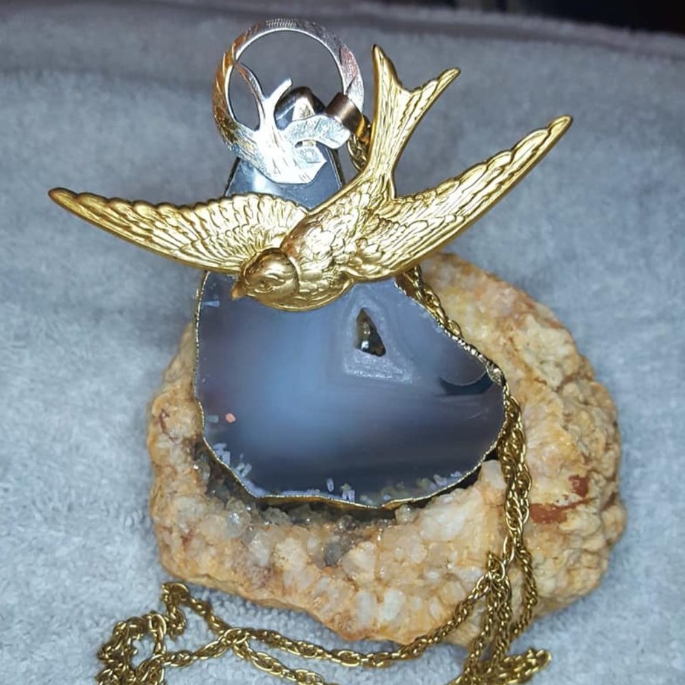 Vintage Upcycled Flying Bird Agate Gemstone Necklace Sterling Silver